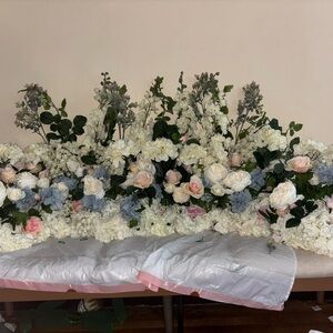 Elegant Floral Arrangement with White, Pink, and Blue Accents